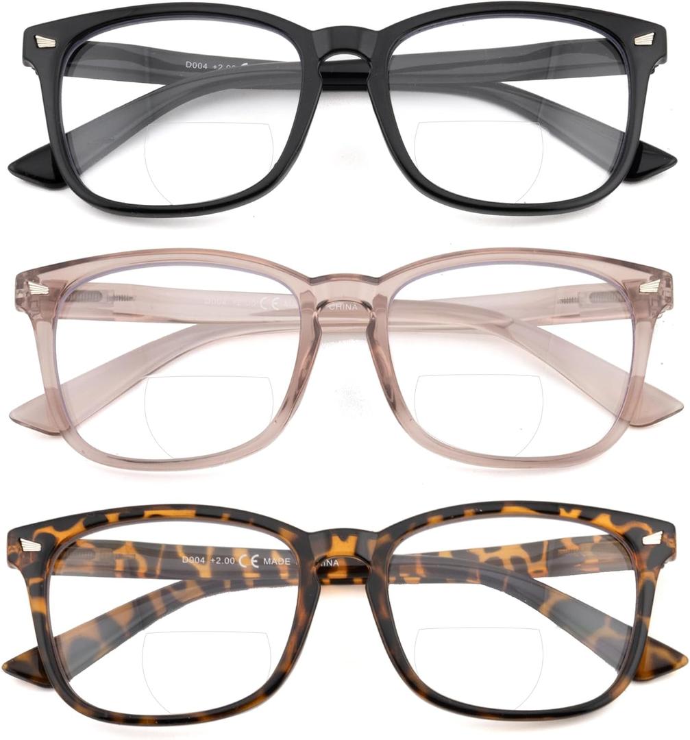 3 Pack Bifocal Reading Glasses For Women Men PC Rectangle Frame Anti Blue-ray Multifocal Readers with Spring Hinge (Bifocal-mixed Color)