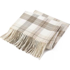 BATTILO HOME Fall Plaid Throw Blanket for Couch, Farmhouse Checkered Decor Throw, Lightweight Beige Throw Blankets for Bed Sofa Neutral Fall Decor, 49"x63"