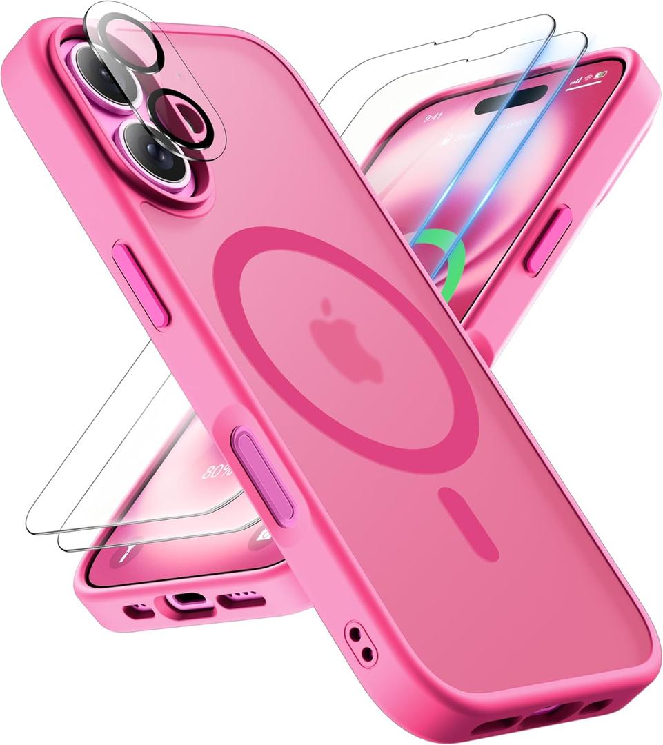 ORETECH Magnetic for iPhone 16 Plus Case, [Compatible with MagSafe][2 Pcs Screen Protectors + Camera Lens Protector][15 FT Drop Protection] Frosted Translucent Back, Shockproof, Anti-Scratch, Hot Pink