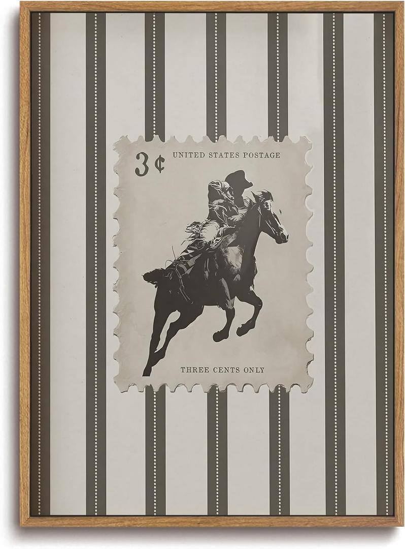 ZZLWBKGL Vintage Western Framed Wall Art Farmhouse Striped Cowboy Canvas Wall Art Retro Country West Stamp Pictures Decor Mid Century Bucking Bronco Rodeo Art Prints for Living Room Bedroom