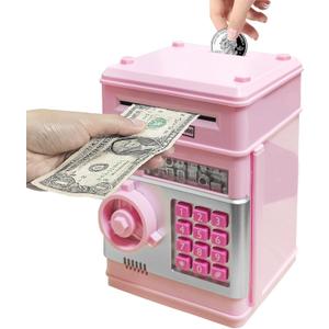 Mini ATM Piggy Bank ATM Machine Best Gift for Kids,Electronic Code Piggy Bank Money Counter Safe Box Coin Bank for Boys Girls Password Lock Case (Light Pink)