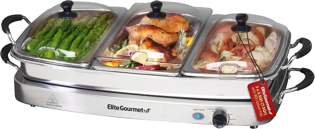 Elite Gourmet EWM-9933 Triple 3 x 2.5 Quart Trays Buffet Server 7.5 Qt Oven Safe Pan Food Warmer, Temperature Control, Clear Slotted Lids, Perfect for Parties, Entertaining & Holidays, Stainless Steel
