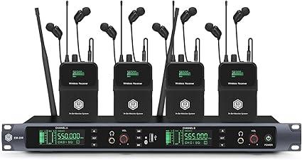 EM200 UHF Wireless in Ear Monitor System 2 Channel 4 Bodypacks Monitoring with in Earphone Used for Stage, Band, Recording Studio, Live Performance