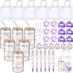 Boao 6 Set Baby Shower Game Prizes for Player Winners Tumblers with Lids Straws Mirrors Hair Scrunchies Pens Hair Clips Gift Bags for Baby Bridal Shower Wedding Game Favors(Purple Butterfly)