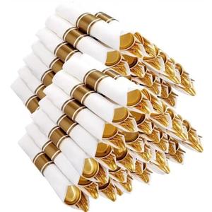Joyido 400PCS Pre Rolled Gold Plastic Silverware Sets - Heavy Duty Gold Cutlery - Include 100 Pack Wrapped Disposable Utensils with Napkins for Parties, Dinners & Weddings