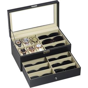 AUTOARK Leather 6 Watch Box Jewelry Case and 9 Piece Eyeglasses Storage and Sunglass Glasses Display Drawer Lockable Case Organizer,Black,AW-048