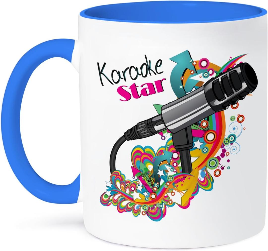 3dRose Karaoke Star Singer Modern Colorful Pop Art Vector Mic Microphone Two Tone Mug, 11 oz, Blue/ White