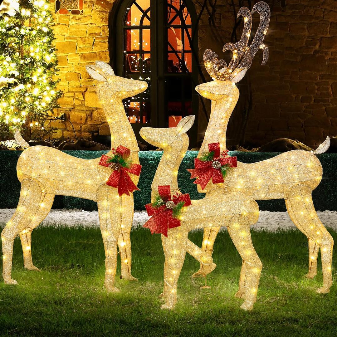 Shintenchi 3-Piece LED Lighted Christmas Deer Outdoor Yard Decorations, 3D Super Large Christmas Reindeer Decor, Outdoor Lighted Holiday Deer with 360 LED Displays for Front Yards Garden Lawn Patio