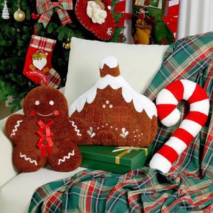 Olgaa 3 Pcs Christmas Pillows Gingerbread Man Candy Cane Gingerbread House Shaped Throw Pillows Decorations Couch Sofa Decor Plush Stuffed for Home Indoor Bedroom Cushion Decor (Brown)