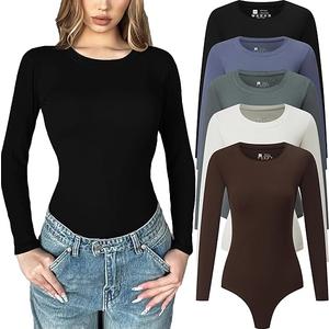 5 Pack Long Sleeve Bodysuit for Women Crew Neck Casual Stretchy Basic T Shirt Body Suits Tops, Size M
