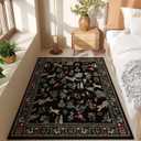 Bedroom Rug 3x5 Rug Washable Area Rug Non Slip Low Pile Boho Floral Animal Small Carpet for Bedroom, Bedside, Kitchen, Entryway, Kids Room, Office, College Dorm Essentials for Girls (Black)
