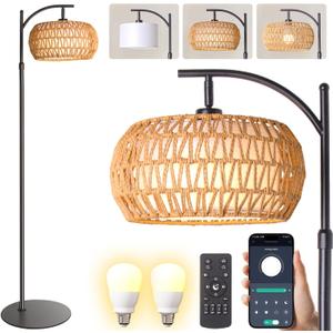 Boho Rattan Floor Lamp with Shade - 12W Bright LED Bulb, Adjustable Height 48-60 Inch, Remote Control 3 Color Temperatures,Farmhouse Handwoven Arc Standing Light for Living Room Bedroom (Small, Bohemian Black)