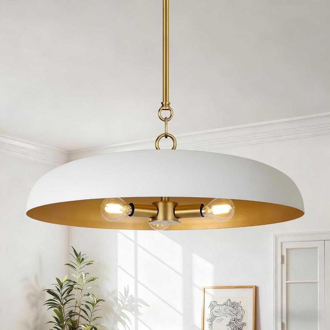 19.7 Inch Extra Large Pendant Light, 3-Light White and Gold All Metal Pendant Lighting Fixture, Oversized Modern Dome Chandelier Ceiling Hanging for Kitchen Island Dining Room Living Entryway