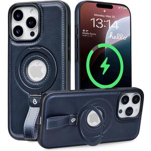 Butaiga for iPhone 14 Pro Max Leather Case with Stand, Anti-Slip Grip Ring, Fits for MagSafe (Blue, iPhone 14 Pro Max)
