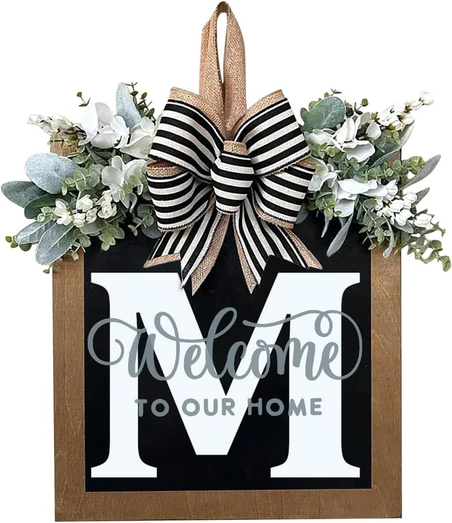 Last Name All Year Round Front Door Wreath with 26 Initial Letter Welcome Sign All Seasons Eucalyptus Garland and Bow Farmhouse, Porch, for Spring Summer Fall All Seasons Holiday Halloween Christmas. (M)