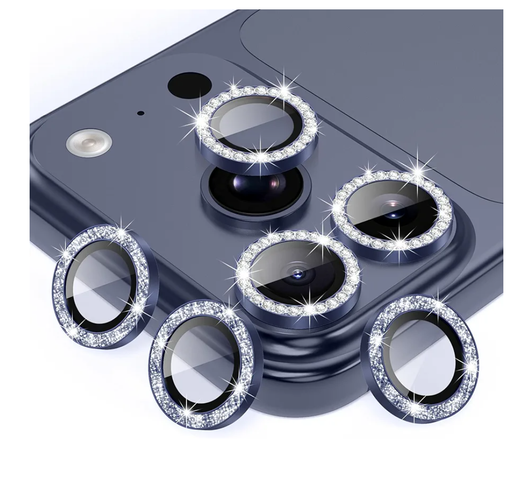 AGVEE 3+3 6 Pack for iPhone 17 Pro 6.3" / 17 Pro Max 6.9" Camera Lens Protector, Bling Diamond & Bling Glitter Metal Ring 9H Tempered HD Glass Camera Cover Film, Bling-Blue