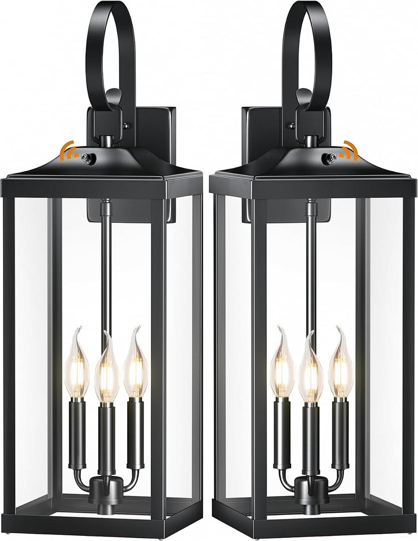 2 Packs 24" Extra Large Dusk to Dawn Light Fixture 3-Light, Black Outdoor Porch Lantern Wall Mounted, Waterproof Modern Outside Wall Sconce Coach Lamp with Tempered Glass for House, E12