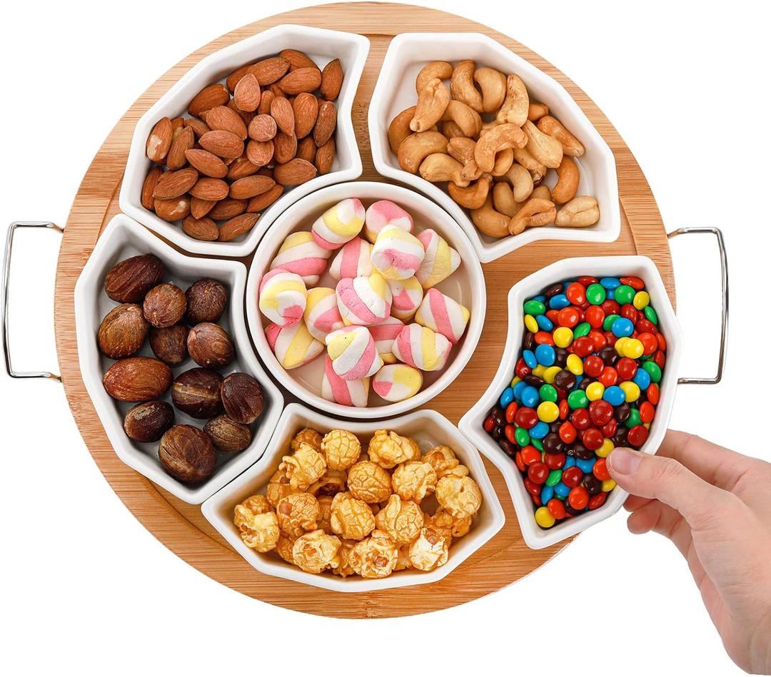 ZENFUN Serving Tray and Platter, 11'' Divided Dip Bowls with Bamboo Tray, 6-Compartment Removable Appetizer Snack Bowls, Round Sectional Serving Platter for Chips and Dip, Fruits, Condiment