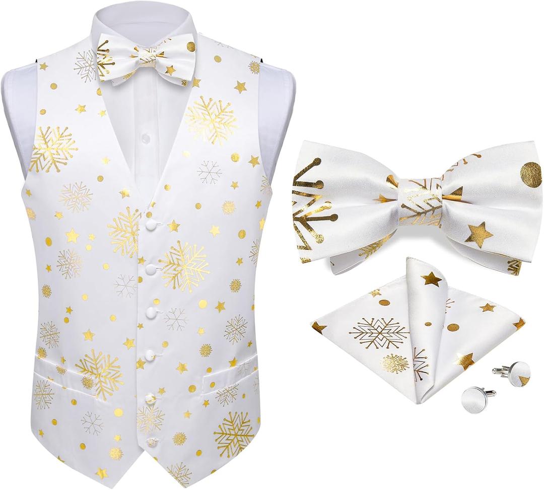DiBanGu Mens Christmas Suit Vest Holiday Xmas Waistcoat Bowtie Set Party Suit Vest Christmas Holiday Waistcoat Tuxedo (White Gold)
