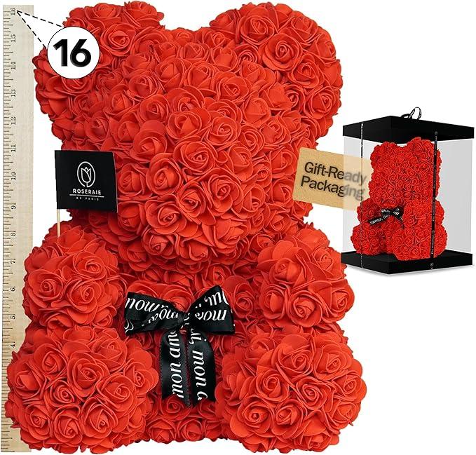 ROSERAIE DE PARIS Large 16 Inch Rose Bear Flower Bear Gift Set with Luxury Gift Box, Handmade Artificial Rose Teddy Bear, Valentine Gift for Her, Anniversary, Birthday