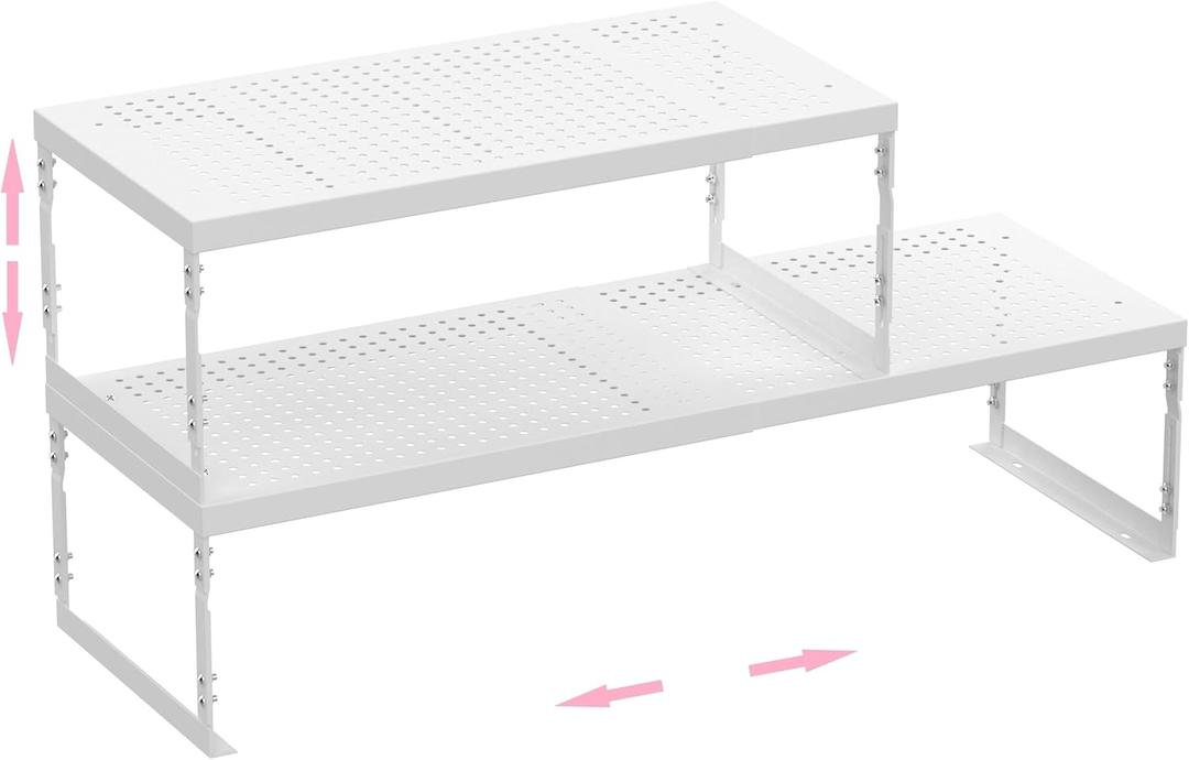 2 x Stackable Expandable Metal Shelf Organizer - Adjustable Wire Storage Rack with Holes for Kitchen, Bathroom, Cabinet, Office - Space Saving, Durable & Sturdy Design2PACKS/Medium/White