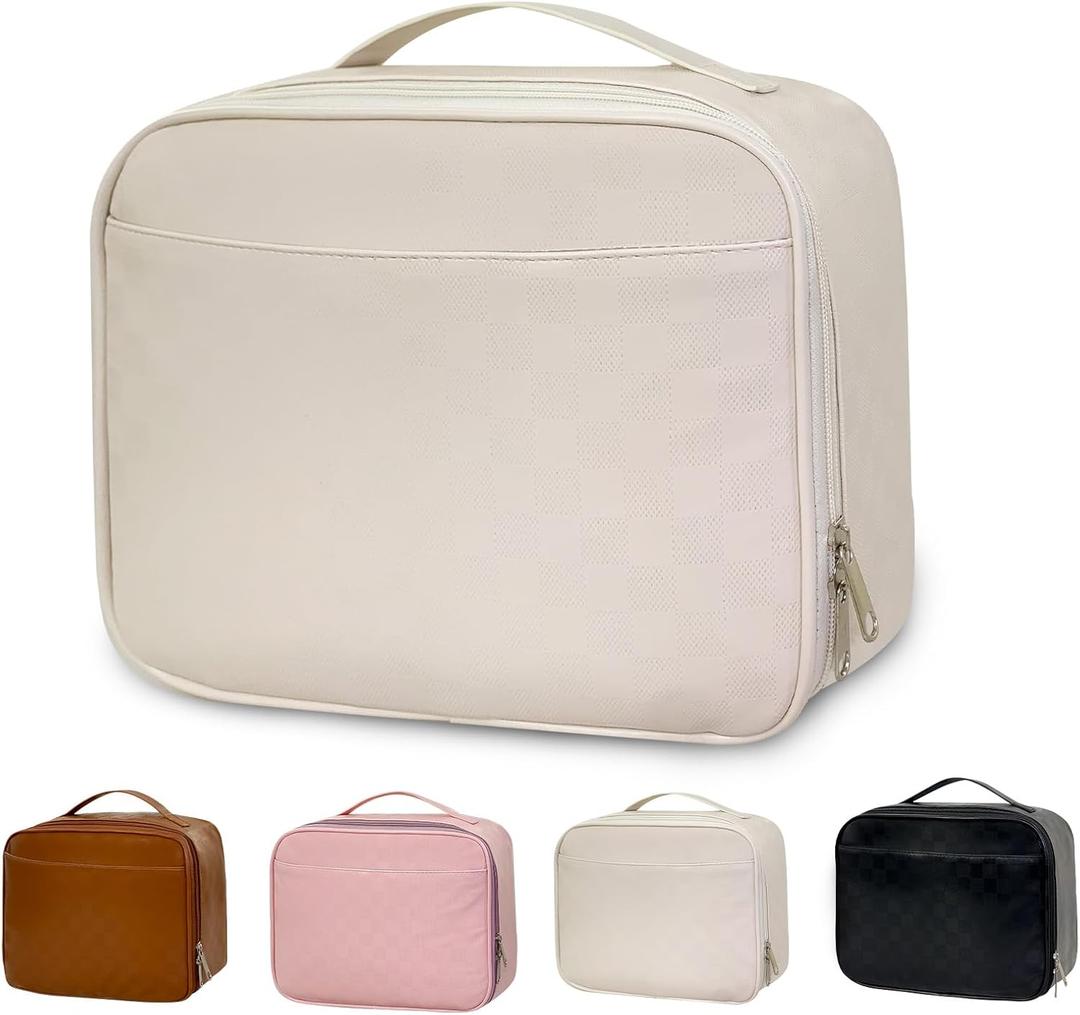 Mziart Insulated Lunch Bag for Women Men, Reusable Lunch Box PU Leather Lunch Tote Bag Cooler Bag Meal Prep Containers with Exterior & Interior Mesh Pockets for Work Picnic Beach Travel (Beige White)