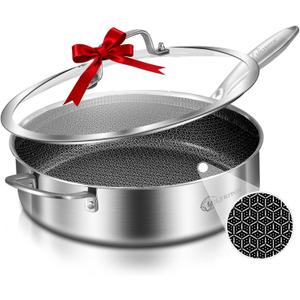 LOLYKITCH 6 QT Large Skillet with Lid, 12 Inch Nonstick Deep Frying Pan, Tri-Ply Stainless Steel Hybrid Saute Pan for Family Meals, Induction Oven Compatible Ceramic Coated, Detachable Handle