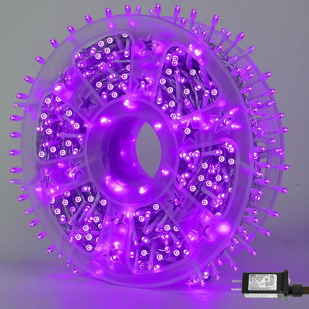YEGUO 165ft 500 LED Christmas Lights Outdoor Waterproof, Purple String Lights Indoor Plug in, 8 Modes Clear Wire Purple Lights for Halloween Holiday Home Tree Garden Patio Decor