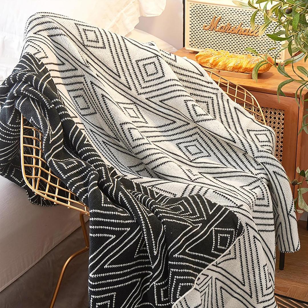 Black and White Throw Blankets, Knitted Modern Patterned Throw Blanket, Soft Lightweight Woven Throw Blanket for Sofa Couch Bed and Living Room, Black&White (50x60 Inch)