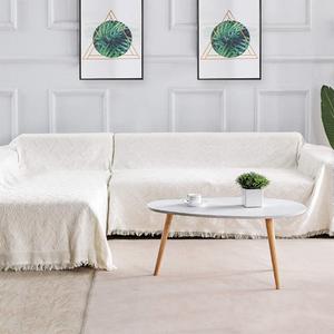 Rose Home Fashion Geometric Jacquard Sectional Couch Covers for Sectional Sofa - 2 Pieces Washable L Shape Couch Cover Blanket with Tassels, Furniture Protector for Dogs (X-Large, Beige-White)