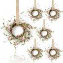 6 Pcs Small Spring Summer Hanging Wreaths for Cabinets with Green Leaves Artificial Mini Candle Ring Wreath with Pink Flowers and Lavender for Home Kitchen Front Door Window Porch Wall Wedding