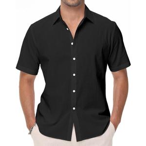 Mens Linen Shirts Short Sleeve Button Down Regular Fit Shirts Casual Vacation Beach Summer Hawaiian Tops (Black, M)