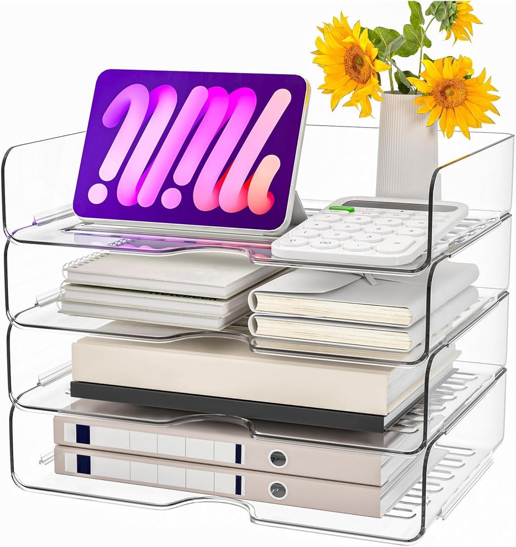 Paper Organizer Letter Tray, 4 Pack Acrylic Stackable Desk File Organizer,Clear Office Organizer for File Paper, Ipad, Letter, A4 Office File, Books, Notes, Etc