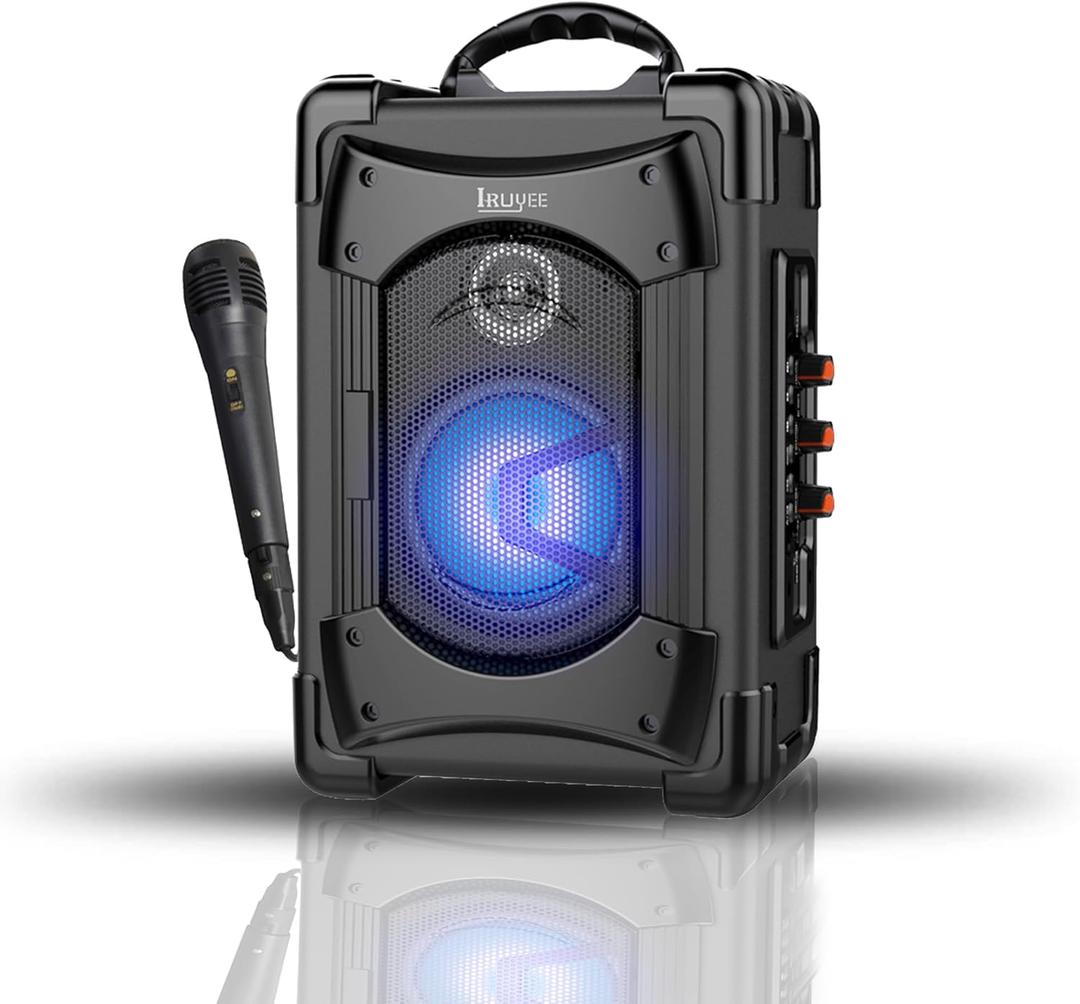 Portable Bluetooth Speaker with Microphone, Speaker with LED Lights for Kids and Adults, Subwoofer Heavy Bass with FM Radio, Supports Bluetooth/USB/TF/AUX for Party, Black