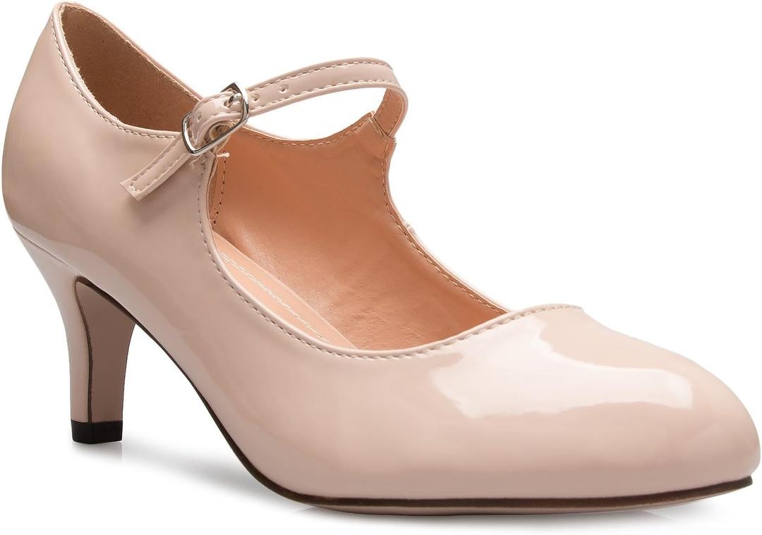 Womens Classic Low Mid Heels Mary Jane Pumps - Adorable Round Toe Vintage Retro Shoes (10, Nude Patent)