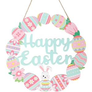 Easter Wreaths for Front Door, Colorful Bunny Eggs Wood Wreath, Wood Easter Decorations for Home, Happy Easters Sign for Indoor Outdoor Decor