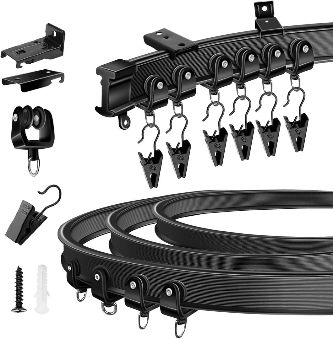 KOLAKO Ceiling Curtain Track, Flexible Bendable Curtain Track Wall or Ceiling Mount, Black 8Ft Curved Curtain Tracks System Sliding RV Shower Curtain Rail Track with Clips, Room Divider