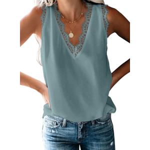 BLENCOT Women Tank Tops V Neck Sleeveless Lace Blouse Casual Vest Summer Camisole Shirts (Green, S)