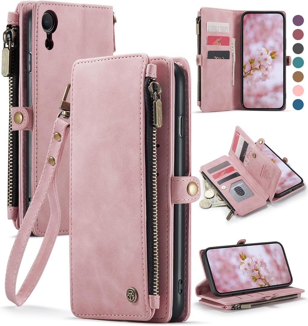 Defencase Compatible with iPhone XR Case Wallet with RFID Blocking Card Holder for Women and Men, Fashion PU Leather Magnetic Snap Flip Zipper Strap Wallet Phone Case Fit for iPhone XR 6.1", Rose Pink