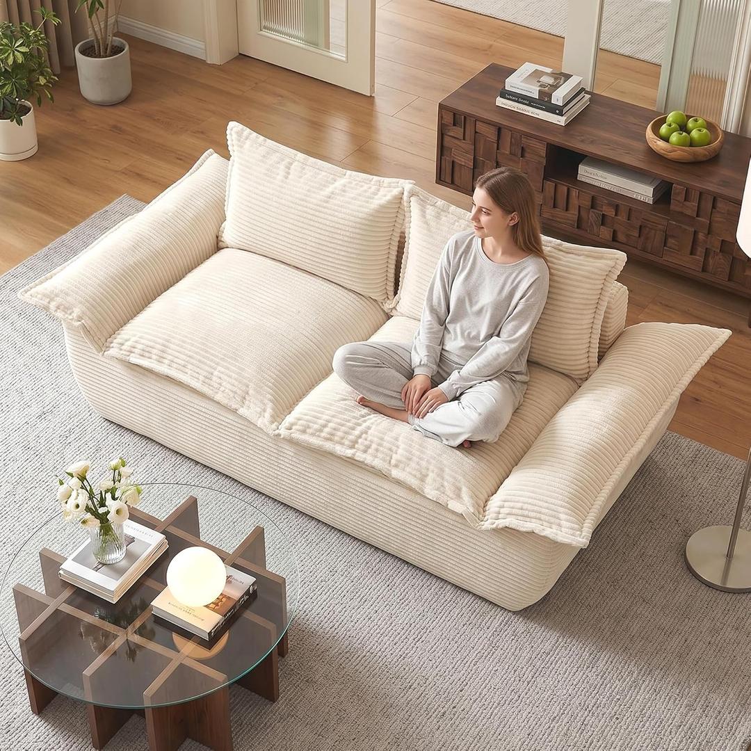 JUIKURY 55" Convertible Corduroy Sofa Bed, Boneless Foldable Loveseat Sleeper Couch, Compressed Foam Floor Sofa with Removable Cushions & Pillows for Small Space Living Room