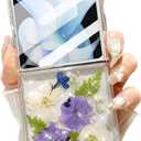 for Samsung Galaxy Z Flip 7 5G Clear Glitter Floral Case, Cute Pressed Dried Real Flowers Design Bling Sparkly Purple Floral Soft TPU Women Girls Protective Case for Galaxy Z Flip 7 5G (Blue)