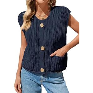 Saodimallsu Womens Sleeveless Cropped Sweater Vest Crochet Chunky Knit Button Down Cardigan Vests Tops with Pockets, M