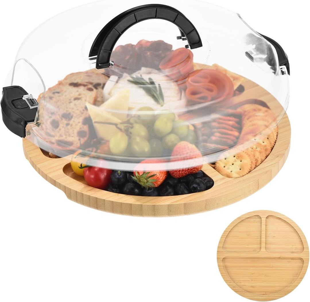GLOKUUCA Round Charcuterie Board with Lid and Handle - Portable Cheese Board for Travel,Bamboo Cutting Board for Kitchen,Gifts for House Warming, Bridal Shower (3 Compartment, Black)