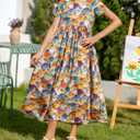 RONGTAI Girls 3D Dress for Girls Printed Short Sleeves Casual Summer Dresses with Pockets for 4-15Y Kids Outfits (Flower-02)