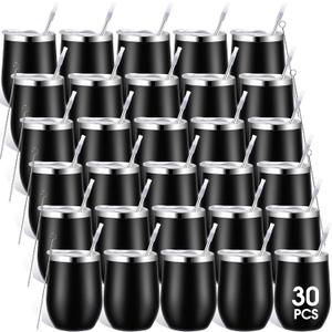 Inbagi 30 Pack 12 oz Stainless Steel Tumblers Bulk with Lids and Straws, Double Wall Insulated Wine Tumblers for Wedding Party Favors, Bridal Shower, Birthday Event Gifts (Black)