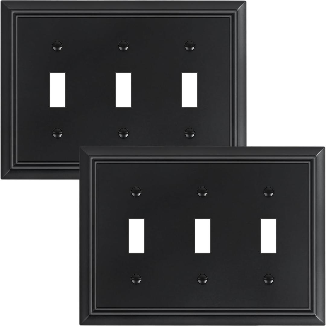 2-Pack Triple Toggle Light Switch Cover Plate, Durable Natural Bamboo Fiber Decorative Switch Plate Covers, Matte Black 3 Gang Wall Plate, Corrosion Resistant