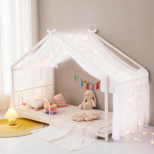Mengersi Bed Canopy House Canopy Bed Curtains with Lights for Girls Boys,Voile Sheer Window Scarf,Fit for House Metal Floor Twin Full Bed Decorations (White)