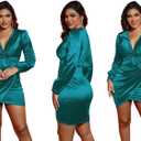 FairyLove Women's Elegant Empire Waist Long Sleeve Wedding Guest Party Cocktail Bodycon Irregular Satin Dresses (16 Green)