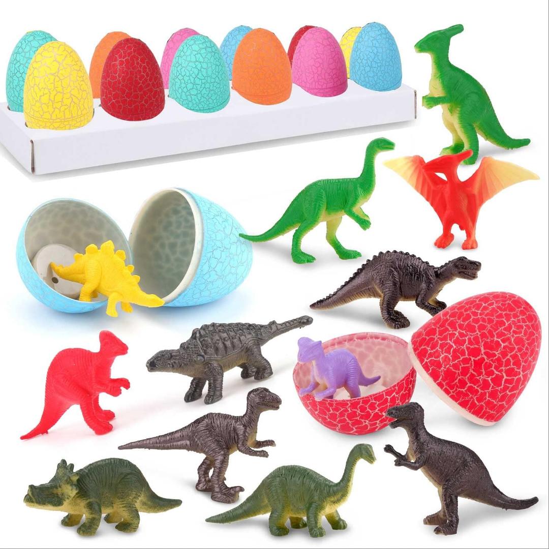 12 Dinosaur Eggs Toys, Surprise Pack with 12 Unique Dinosaur Figures,Goodie Bag Stuffers,Pinata fillers, Easter Eggs dongcoh,Carnival Prizes Treasure Box Christmas Stocking Stuffers Treasure Box