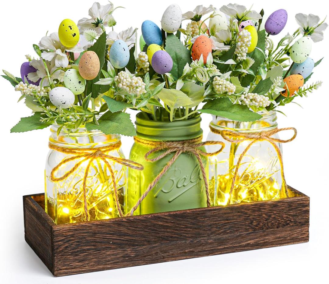 Easter Centerpiece Table Decorations for Table Runner Farmhouse Coffee Table Decor with Wood Tray and Led Light Table Centerpieces for Dining Room Kitchen Living, Green (Yellow)